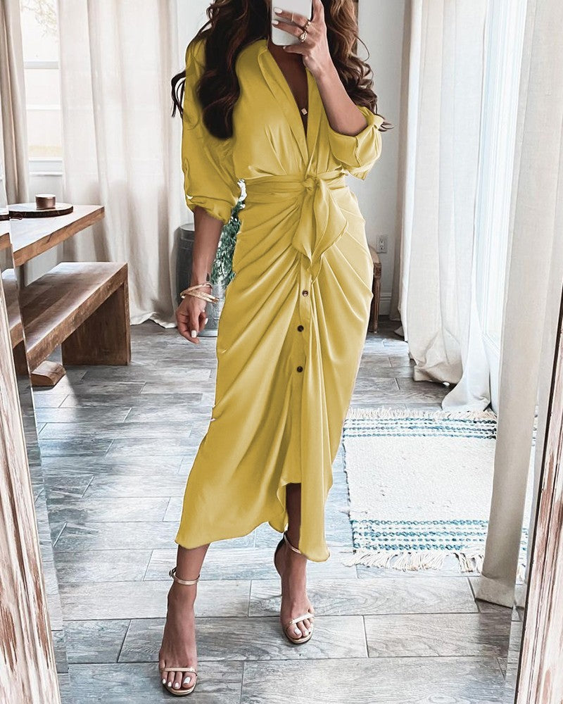 Long Sleeve V Neck Button Print Long Dress Women's