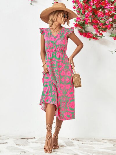 Printed V-Neck Cap Sleeve Dress - Enfance-Heureuse