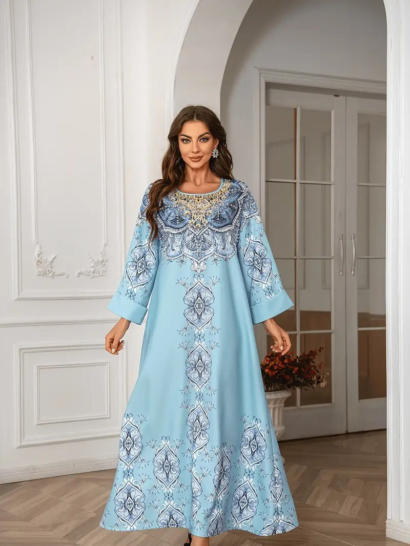 Vestido Abaya extra largo de manga larga con detalle de encaje estampado
