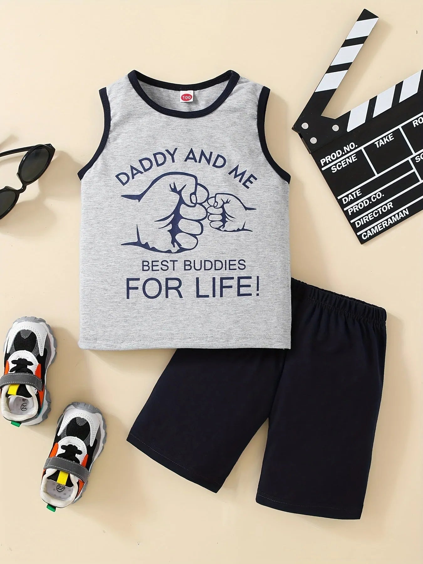 Summer Trendy Boys Letter Fist Print Sleeveless Casual Pants Suit