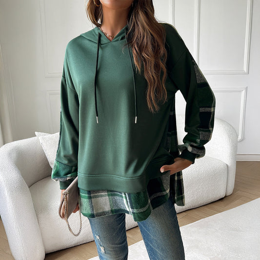 Women's Vintage Oversized Hoodie With Plaid Patchwork Stylish Y2k Clothing Streetwear Round Neck Hooded Long Sleeve Sweatshirts - Enfance-Heureuse