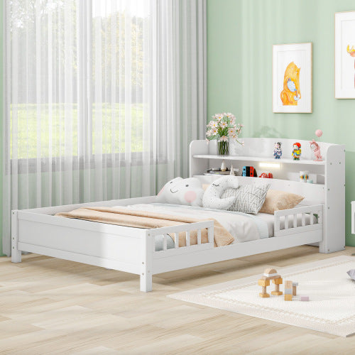 Wood Full Size Platform Bed With Built-in LED Light, Storage Headboard And Guardrail, White