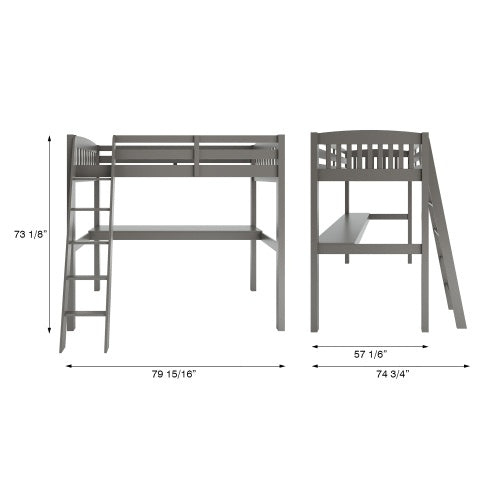 Everest Grey High Loft Bed With Desk And Storage, Heavy Duty Solid Wood Full Size Loft Bed Frame With Stairs For Kids And Toddlers, No Box Spring Needed