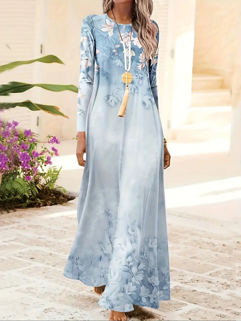 European And American Long Sleeve Artistic Retro Geometric Printed Round Neck Pullover Dress