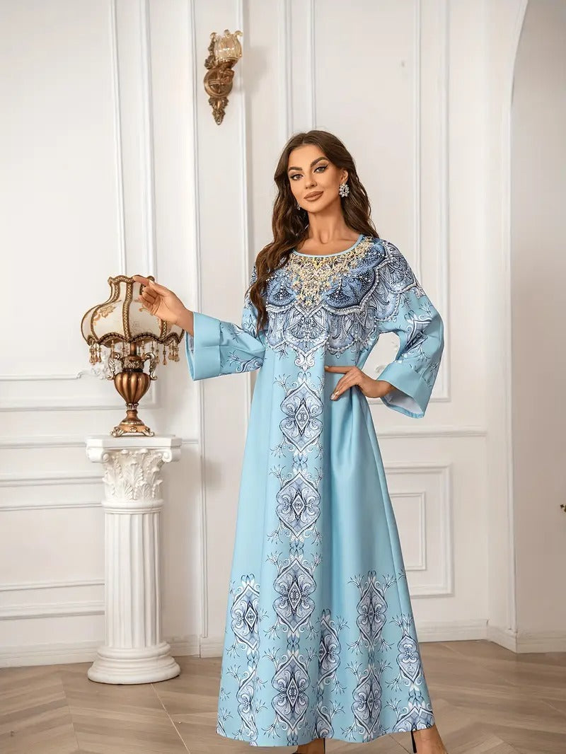 Vestido Abaya extra largo de manga larga con detalle de encaje estampado