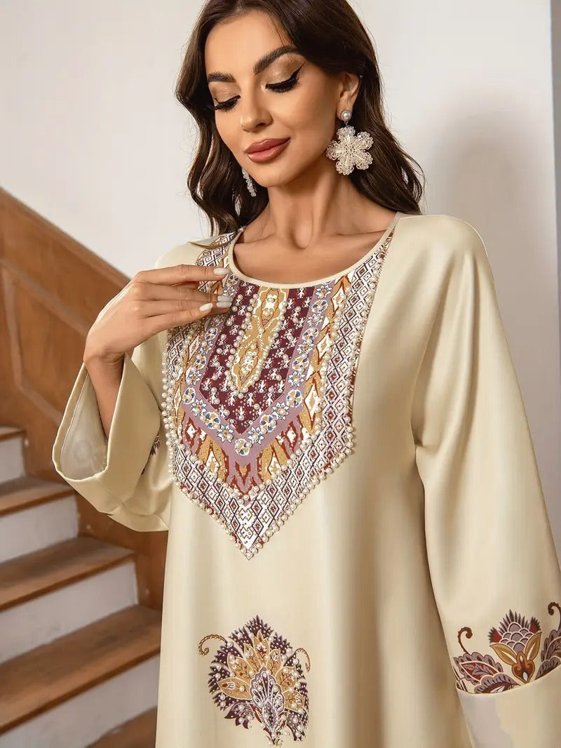 Elegante abaya con estampado floral, ropa musulmana de Oriente Medio para mujer