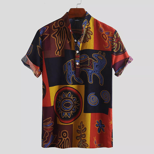 European And American Fashion Totem Print Shirt Large Size Collar Short Sleeve Top - Enfance-Heureuse