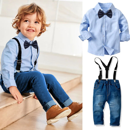 Boy's baby cotton long-sleeved collar shirt denim suspenders trousers suit - Enfance-Heureuse