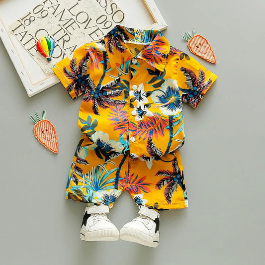New children's Holiday Style short-sleeved Floral Shirt Suit Cardigan Beach Shorts Two-Piece Suit - Enfance-Heureuse