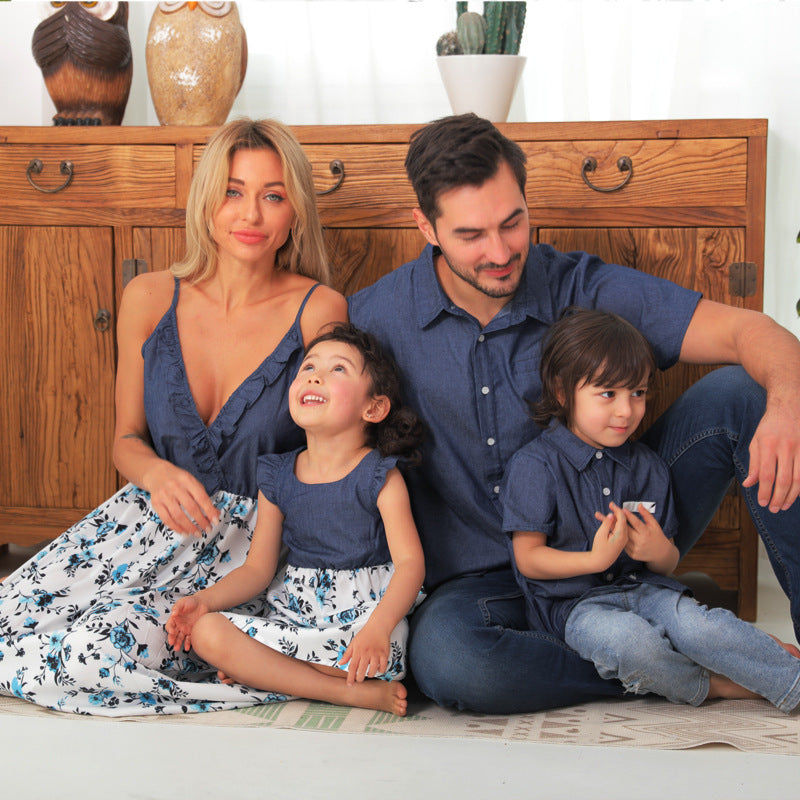 Family Matching Family Denim Sling Skirt Baby Girl Mom Dad Boy Boy Shirt Parent-Child - Enfance-Heureuse