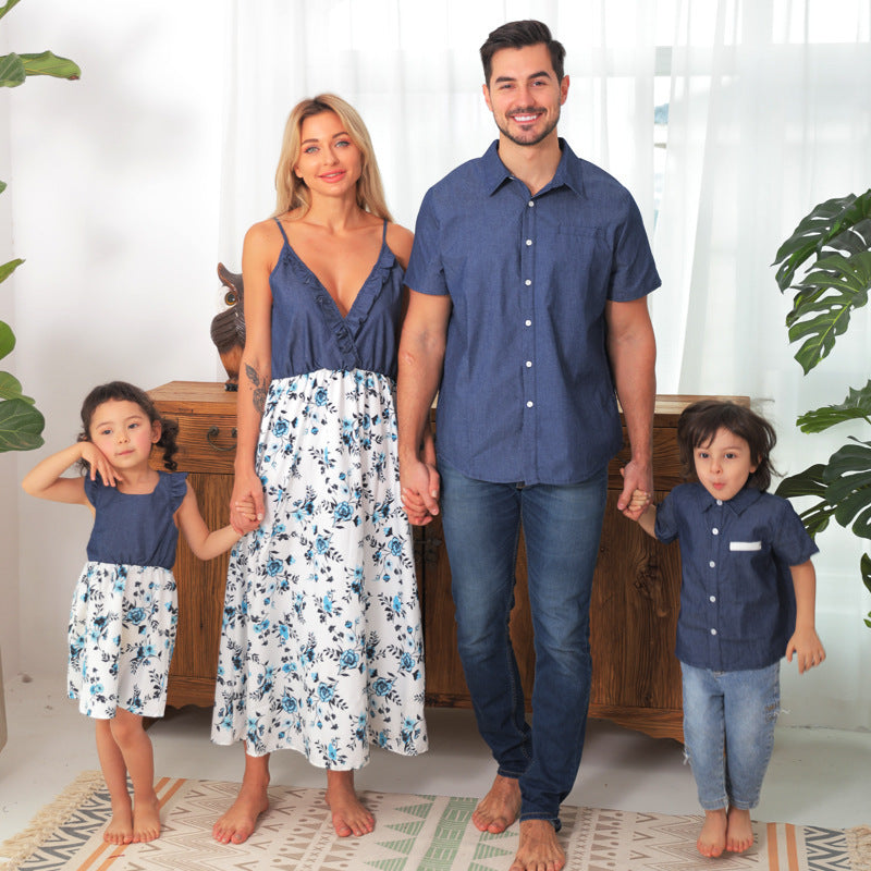 Family Matching Family Denim Sling Skirt Baby Girl Mom Dad Boy Boy Shirt Parent-Child - Enfance-Heureuse