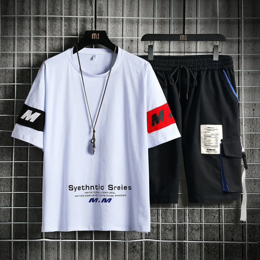 Summer Men's Sets Track Suit Mens Casual Loose Short-sleeved T-shirt Shorts 2-piece Sets Cotton Print Large Size - Enfance-Heureuse