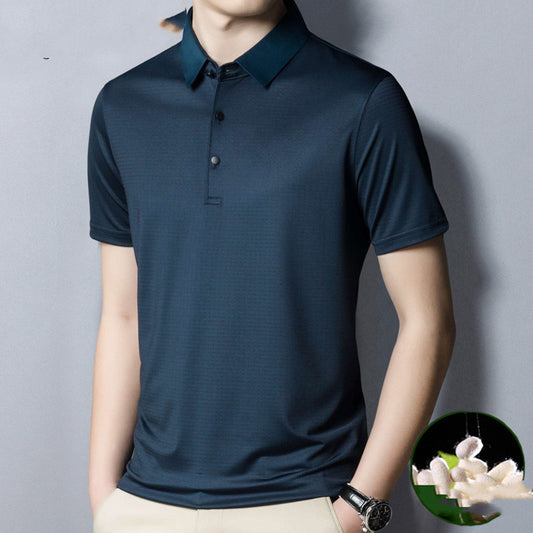 Woodpecker Silk Short-sleeved T-shirt Men Silk 40 Years Old 50 Dad Packed Middle-aged Mens Ice Silk Striped Loose - Enfance-Heureuse