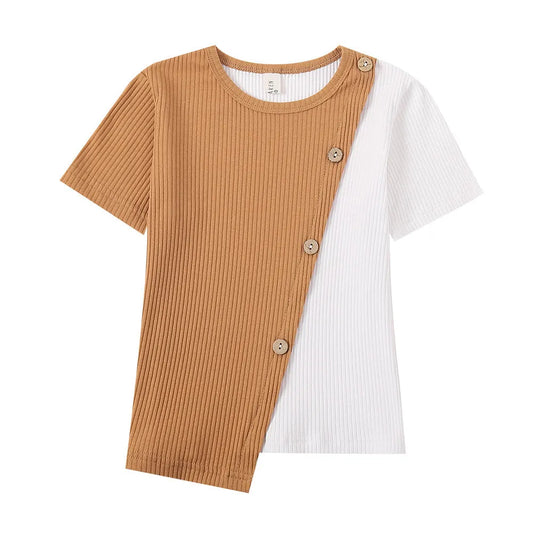 Contraste irrégulière À Manches Courtes T-Shirt - Enfance-Heureuse