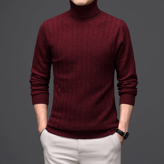 Pure Wool Mens High Neck Warm Sweater Thick Striped Pullover Sweater - Enfance-Heureuse