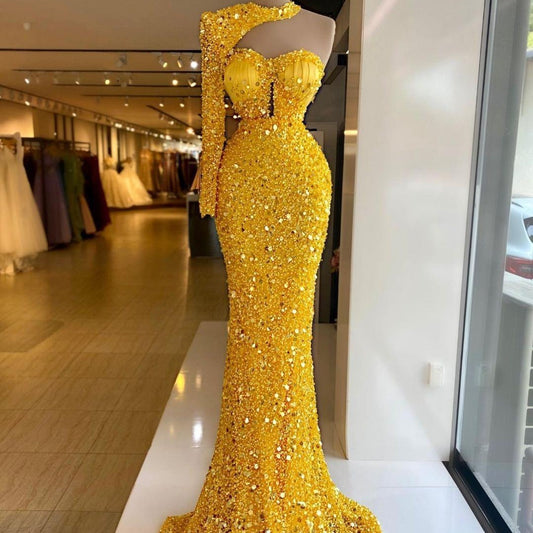 Sequined Pearl Embroidery Lace Asymmetric Single Sleeve Dress - Enfance-Heureuse