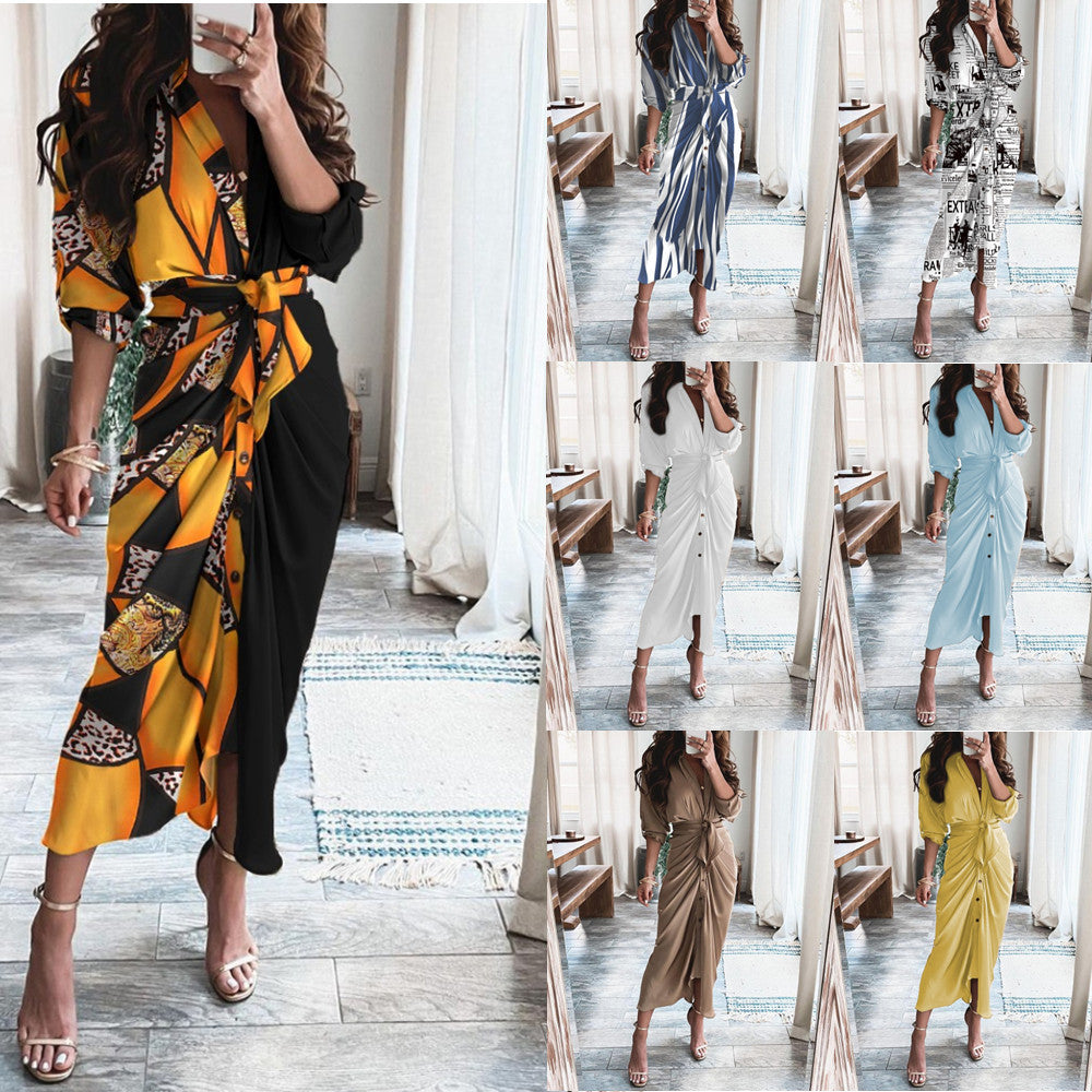 Long Sleeve V Neck Button Print Long Dress Women's