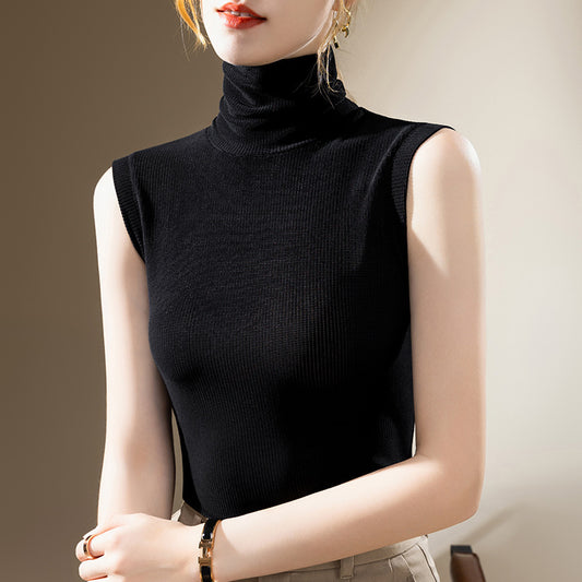 Ladies New Turtleneck Grenadine Solid Color Waist Tight Sleeveless Top - Enfance-Heureuse