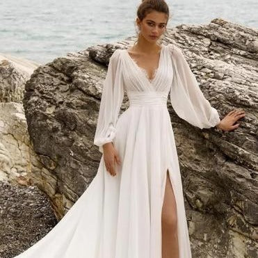 Vestido de novia europeo y americano de talle alto y talla grande con escote en V profundo, manga larga, espalda descubierta y abertura alta