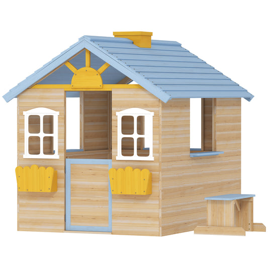 Wooden Playhouse For Kids Outdoor Garden With Working Door, Windows, Bench, Service Station, Flowers Pot Holder, Blue
