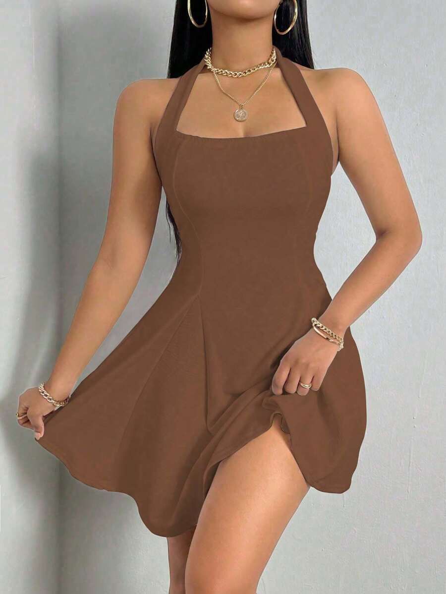 Pure Color Halter Backless Sleeveless Dress