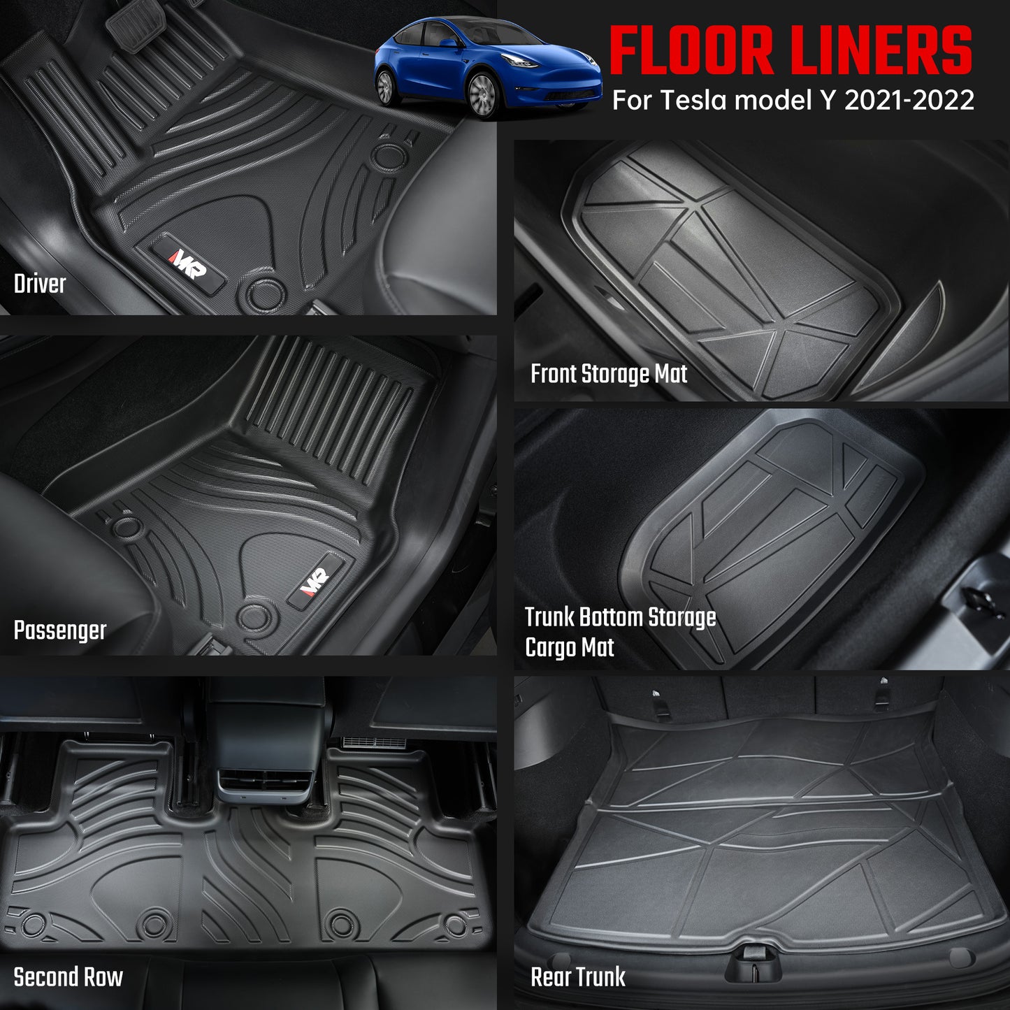 All-Weather TPE Floor Mats For Tesla Model Y 2021-2022 Model 3 2023-2025 - Waterproof, Anti-Slip, Full Coverage Car Floor Liners 6 PCS Set