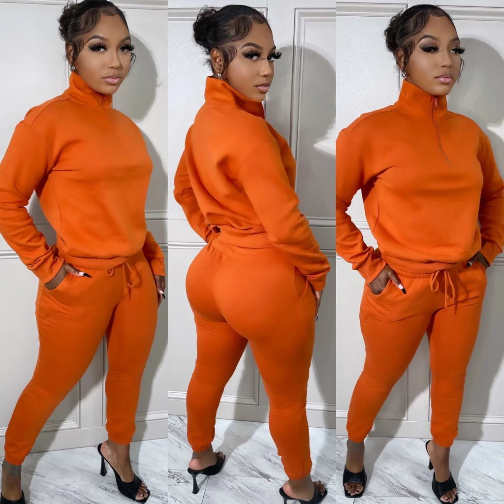 European And American Women's Fashion Sports Zipper Plush Suit