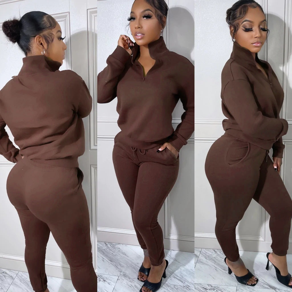 European And American Women's Fashion Sports Zipper Plush Suit