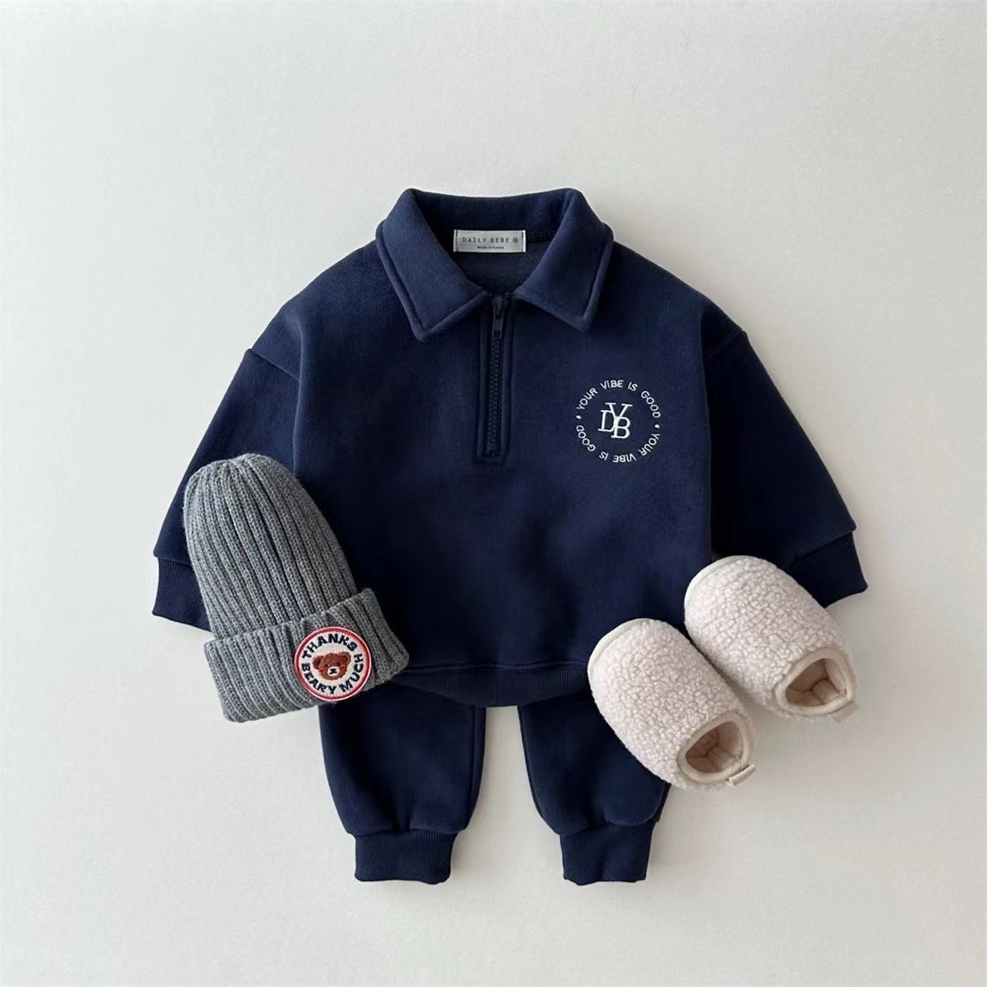 Fleece-lined Lapel Sweatshirt And Sweatpants Suit Children's Two-piece Suit