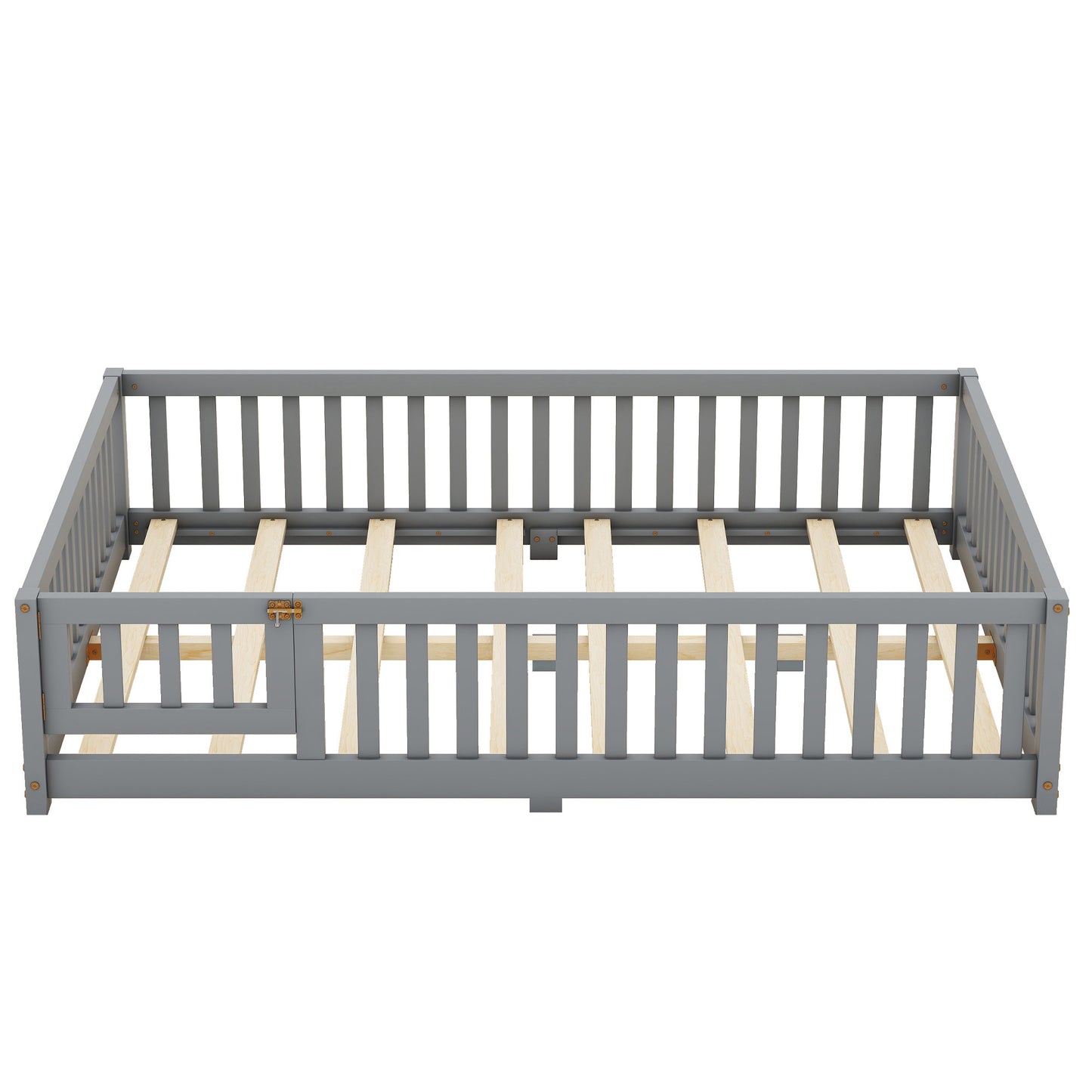 Full Size Bed Floor Bed With Safety Guardrails And Door For Kids, Gray