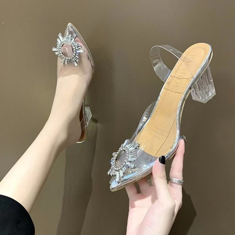 Tacones altos de aguja con punta puntiaguda y diamantes de imitación para mujer