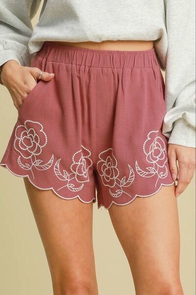 Umgee Full Size Linen Blend Shorts with Floral Embroidered Details Plus Size - Enfance-Heureuse