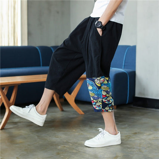 Sinicism Shop Mens Cotton Linen Harem Pants Male Casual Red Bottom Calf-Length Pants Man Summer Harajuku Baggy Loose Pants - Enfance-Heureuse