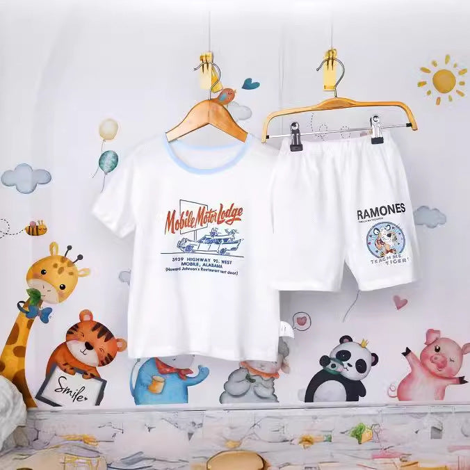 Boys And Girls Cotton Mesh Fabric Cartoon Pattern Breathable All-match Short Sleeve T-shirt