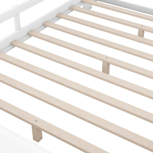 Wood Full Size Platform Bed With Built-in LED Light, Storage Headboard And Guardrail, White