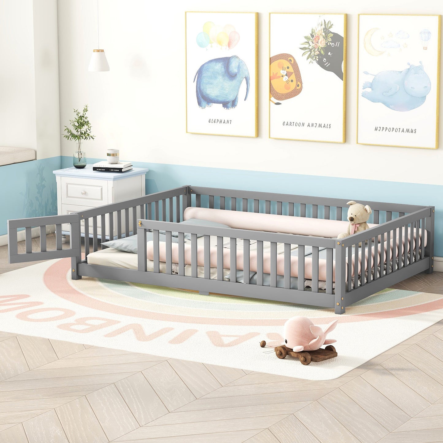 Full Size Bed Floor Bed With Safety Guardrails And Door For Kids, Gray