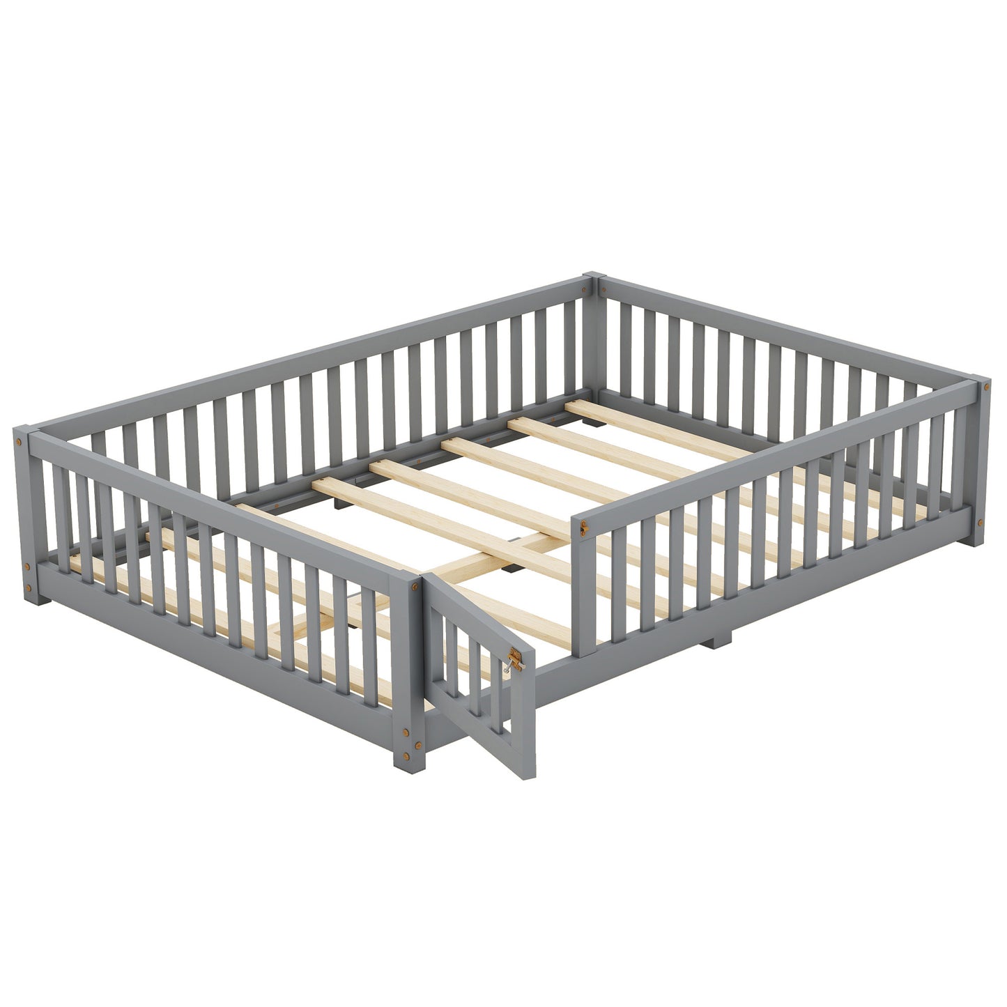 Full Size Bed Floor Bed With Safety Guardrails And Door For Kids, Gray