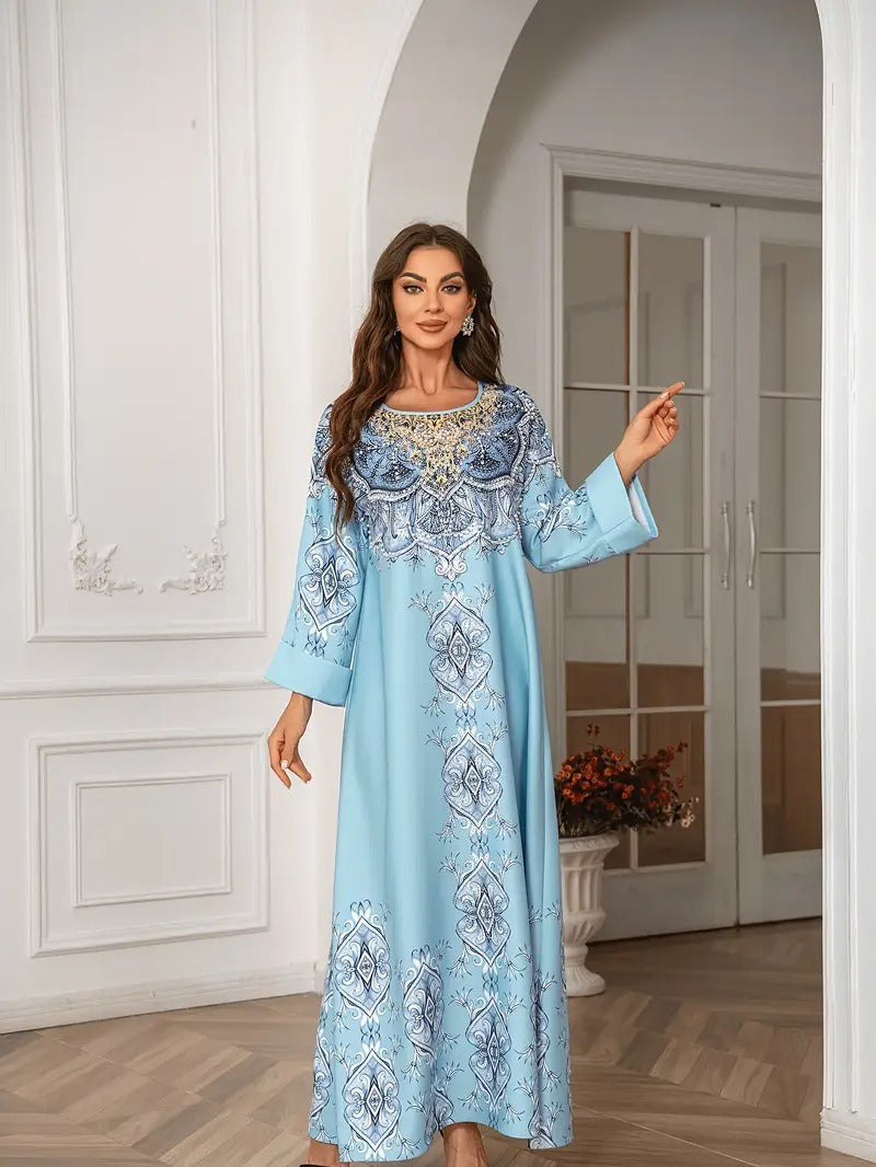 Vestido Abaya extra largo de manga larga con detalle de encaje estampado