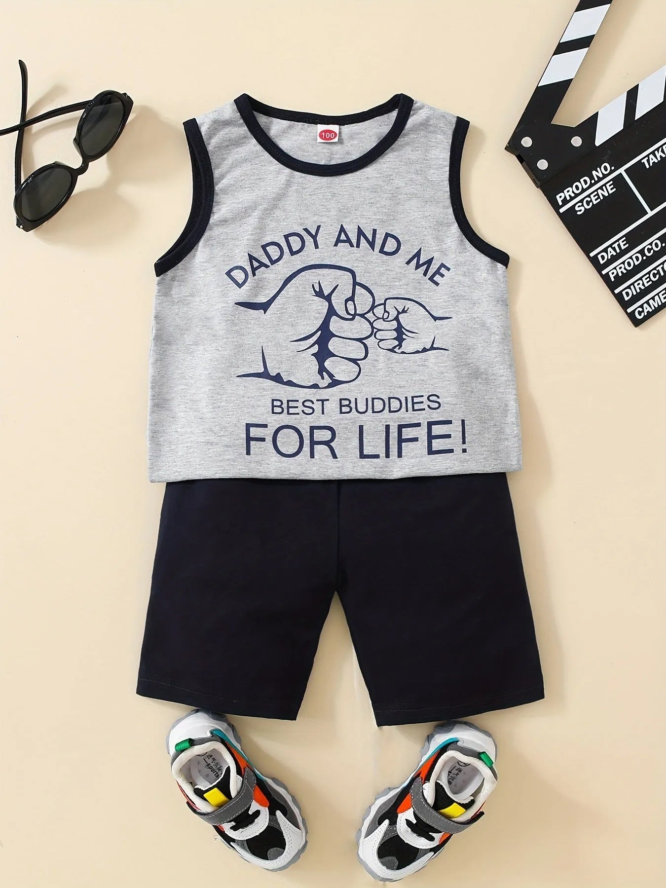 Summer Trendy Boys Letter Fist Print Sleeveless Casual Pants Suit
