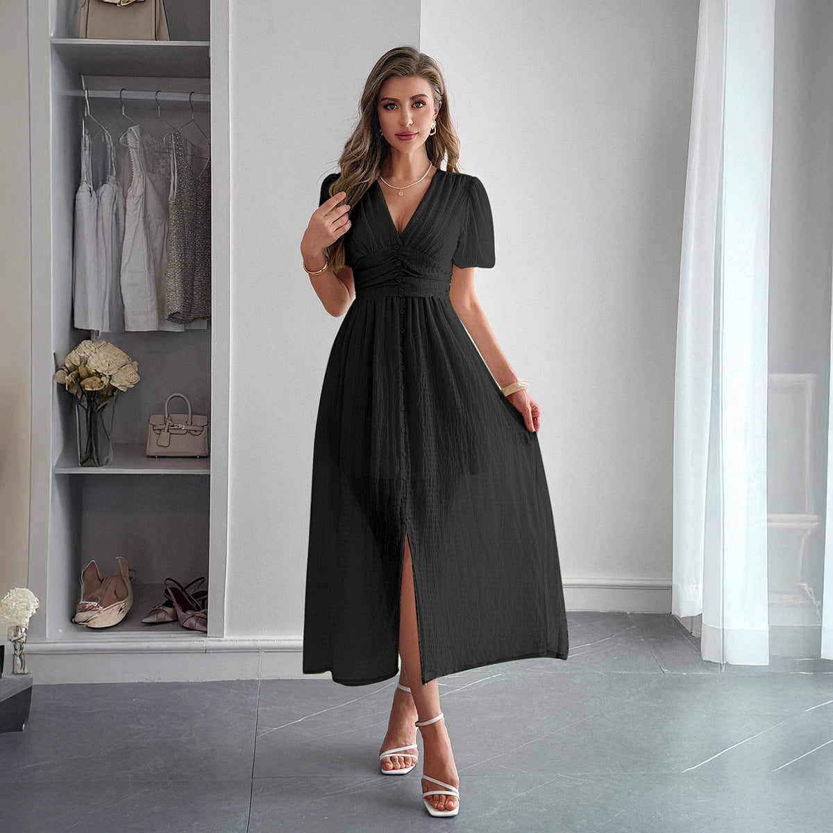 Elegant Vacation Style Deep V Short Sleeve Maxi Dress