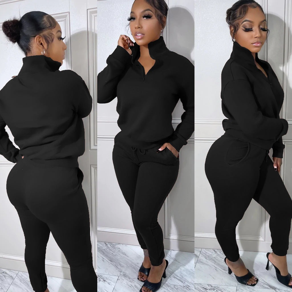 European And American Women's Fashion Sports Zipper Plush Suit