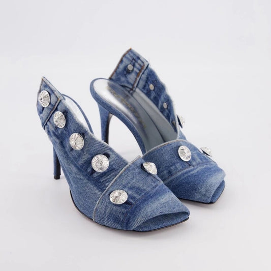 Women's Stiletto Heel Square Toe Denim Metal Rivet Slippers - Enfance-Heureuse