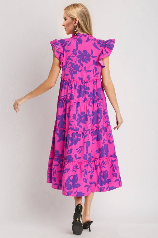Oh Full Size Ruffled Printed Notched Cap Sleeve Midi Dress - Enfance-Heureuse