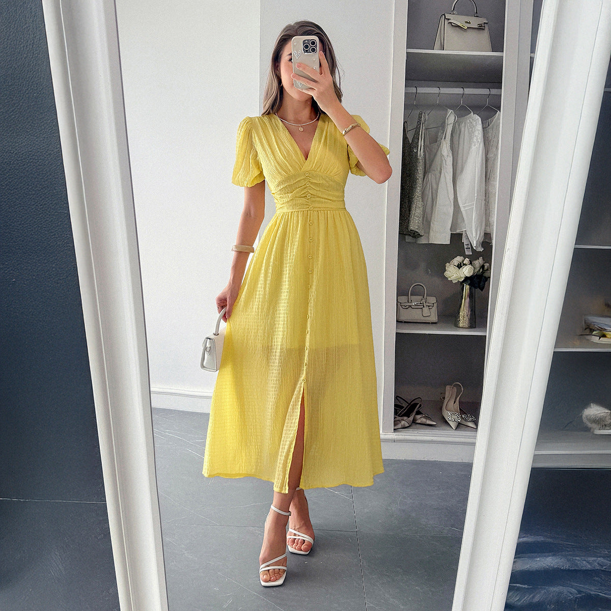 Elegant Vacation Style Deep V Short Sleeve Maxi Dress