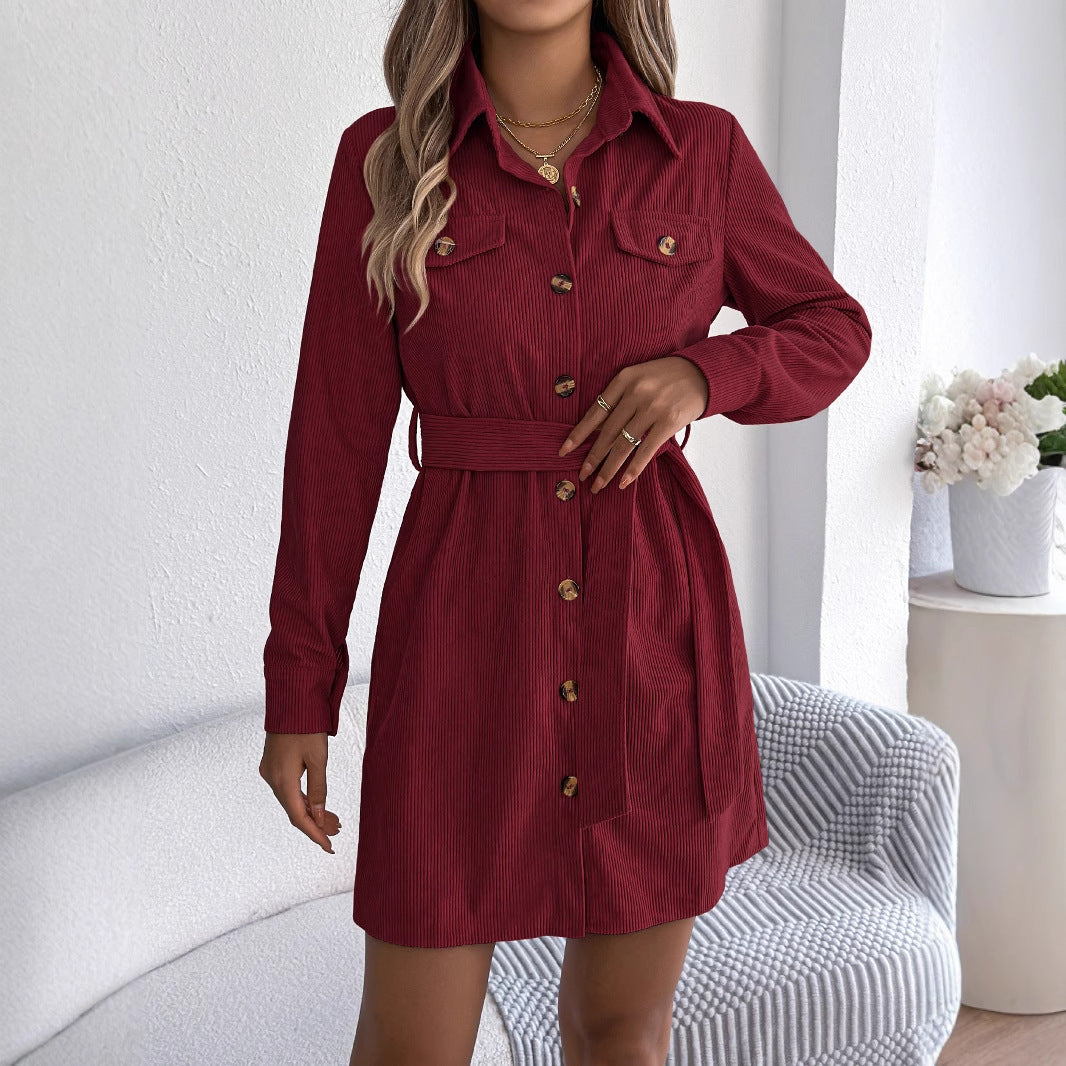 Casual Solid Color Single-breasted Long Sleeve Lace-up Corduroy Shirt Dress