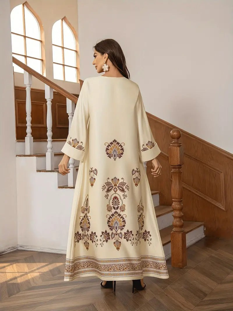 Elegante abaya con estampado floral, ropa musulmana de Oriente Medio para mujer