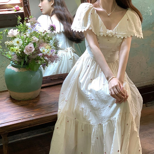 French Vintage Embroidered Floral Dress - Enfance-Heureuse