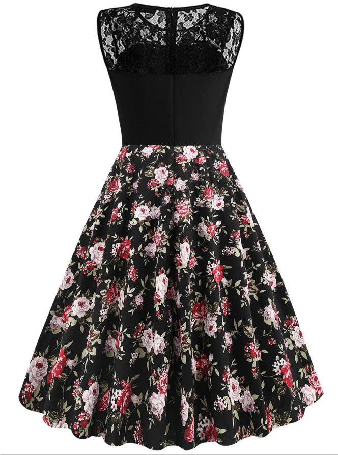 Lace Stitching Sleeveless Hot-selling Floral-print Retro Dress