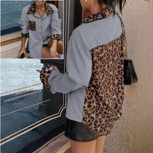 INS Leopard Striped Patchwork Shirt Fashion Casual Long-sleeved Button Lapel Top Women's Clothing - Enfance-Heureuse