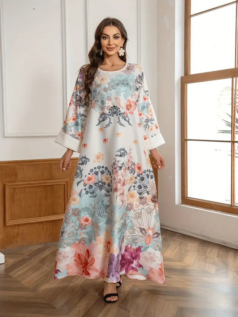 Elegante vestido caftán largo con estampado floral